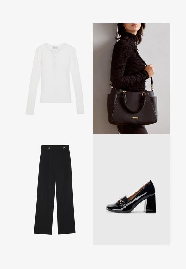 Bijela košulja dugih rukava s rebrastom teksturom, okruglim izrezom, zapinjanjem na tri gumba i mekim materijalom. Oznaka branda vidljiva na ovratniku.; Crne hlače širokih nogavica s visokim strukom, s dugmadi na pojasu i prednjim nabora.; Crna lakirana visoka potpetica s oštrim vrhom i blok potpeticom. Sadrži dekorativnu traku i detalj s kopčom na gornjem dijelu.; Crna torba s teksturiranom površinom, dvostrukim gornjim ručkama i podesivom remenom za rame. Ima zlatne metalne detalje i bočne džepove.