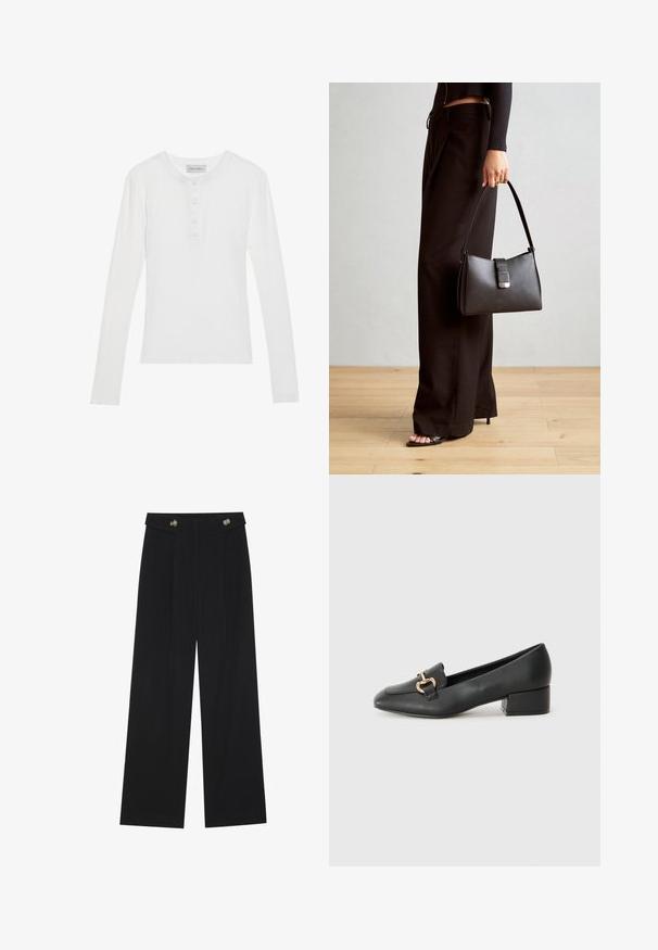 Valge pika varrukaga shirt, millel on soonikkoes, ümmargune kaelus, kolme nupuga sang ja pehme kangas. Brändi silt on nähtav krael.; Mustad laiad püksid kõrge vöökoha ja nööpdetailidega vööandil, esikortsudega.; Mustad nahast loafers madala kontsaga, millel on esiküljel dekoratiivne kuldne detalj ja sile tekstuur.; Must musta kott, millel on struktureeritud kuju, sile tekstuur ja metallist klamber. Kombineeritud laiate mustade pükstega ja avatud varvaste sandaalidega puidust põrandal.