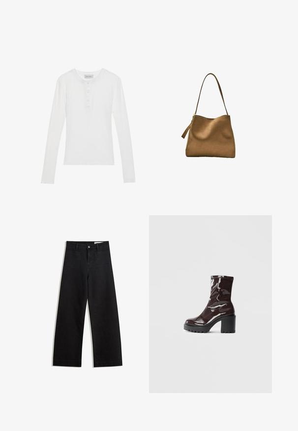 Bijela košulja dugih rukava s rebrastom teksturom, okruglim izrezom, zapinjanjem na tri gumba i mekim materijalom. Oznaka branda vidljiva na ovratniku.; Crne široke traperice s visokim strukom, s prednjim i stražnjim džepovima, šivenim šavovima i kopčanjem na gumb. Glatka tekstura.; Sjajna burgundska čizma do gležnja s debelim crnim potplatom, koja se odlikuje glatkom teksturom i jednostavnim dizajnom. Nema vidljivih kopčanja ili uzoraka.; Smeđa suđna torba s glatkom teksturom, zakrivljenim vrhom i dugim ravnim remenom za nositi na ramenu. Ima zatvarač s jedne strane.