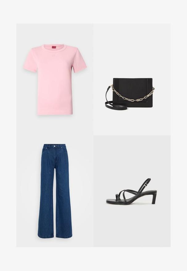 Ružičasta pamučna majica s okruglim izrezom, kratkim rukavima i diskretnim izvezenim logotipom na prsima. Glatka tekstura, klasičan kroj.; Široke plave traperice s visokim strukom, prednjim dugmetom i patent-zatvaračem, te prednjim i stražnjim džepovima na jednobojnoj pozadini.; Crne sandale s trakama, kvadratnim prstom i niskom blok petom. Ima više tankih trakica i podesivu trakicu oko gležnja. Izrađene su od glatke kože.; Crna kožna torba preko tijela s glatkom teksturom, pravokutnim oblikom i metalnim lancem na prednjoj strani. Uključena je podesiva naramenica.