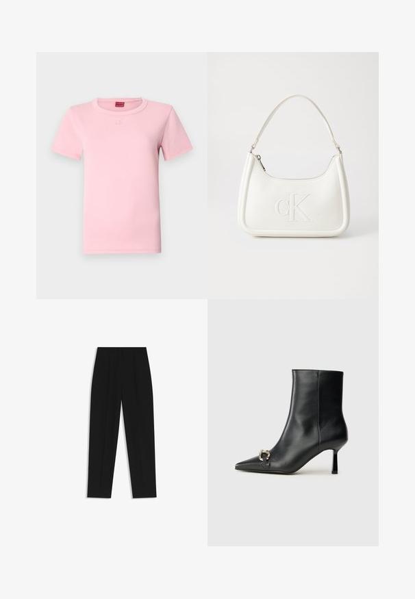 T-shirt di cotone rosa con collo a giro, maniche corte e un discreto dettaglio del logo ricamato sul petto. Tessuto liscio, vestibilità classica.; Pantaloni neri a taglio dritto, con doppie pieghe, una texture liscia e un design classico in vita. Nessun hardware o dettaglio visibile.; Stivale alla caviglia in pelle nera con punta affusolata, tacco sottile di media altezza e dettaglio in fibbia argentata sul lato, su sfondo semplice.; Borsa a tracolla in pelle bianca con forma curva, dotata di un logo "CK" impresso sul davanti e una singola tracolla. Chiusura a zip nella parte superiore.