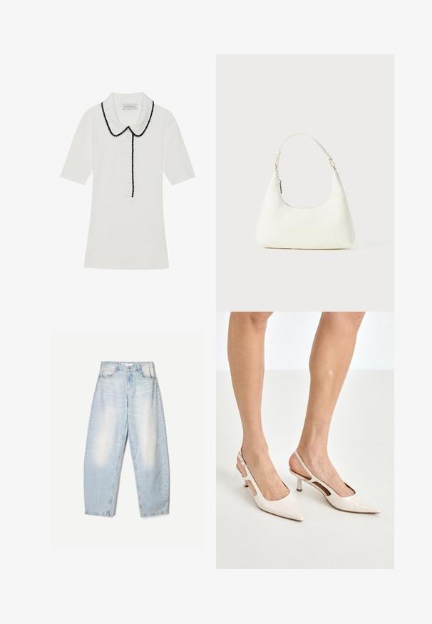 Top corto bianco a coste con colletto nero a sbuffo e chiusura frontale con bottoni. Presenta un tessuto testurizzato e una vestibilità sartoriale.; Camicia bianca con colletto classico, maniche lunghe e vestibilità rilassata. Realizzata in tessuto leggero con una superficie liscia.; Jeans in denim azzurro chiaro con una vestibilità ampia, caratterizzati da una finitura sbiadita, due tasche frontali e una chiusura con bottone in vita.; Tacchi slingback in pelle lucida beige con punta affusolata e tacco di 5 cm, caratterizzati da lati traforati e una sottile fascia alla caviglia.; Piccola borsa a spalla bianca con una singola tracolla regolabile e chiusura a zip, su uno sfondo bianco uniforme.