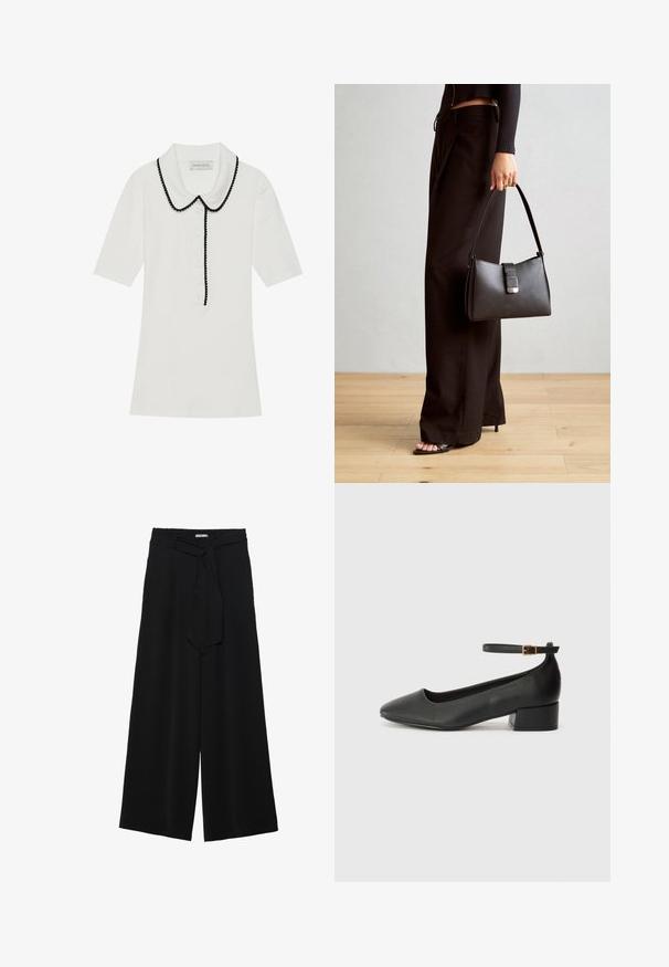 Witte geribbelde top met korte mouwen, zwart golvende kraag en knoopsluiting aan de voorkant. Bevat een gestructureerde stof en een nauwsluitende pasvorm.; Zwarte wijde broek van textuurstof, met een elastische tailleband en een afneembare sjaalstrik in de taille voor een verstelbare pasvorm.; Zwarte leren pump met een spitse neus en een lage blokhak. Beschikt over een enkelband met een goudkleurige gespsluiting. Gladde textuur.; Zwarte handtas met gestructureerde vorm, gladde textuur en een metalen sluiting. Gecombineerd met brede zwarte broeken en sandalen met open teen op een houten vloer.