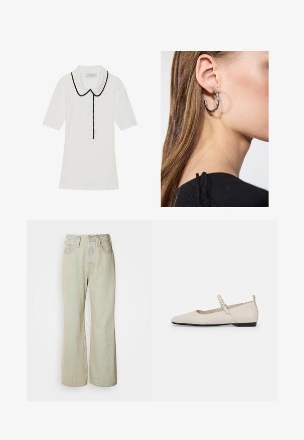 Vitt ribbat kortärmad topp med svart scalloped krage och knappstängning framtill. Har en texturerad tyg och en skräddarsydd passform.; Ljusblå vida jeans i denim med hög midja, fem fickor och subtila blekningar med kontrasterande sömsyn.; Vita läder Mary Jane-sandaler med spetsig tå, sidspänne och låg svart klack. Slät yta och minimalistisk design.; Silverörhänge med polerad yta, med små detaljer i guld och rund form, bärs på loben.