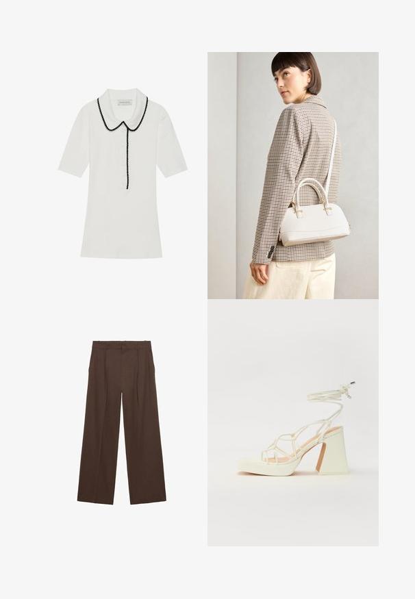 Top scurt cu mânecă albă, cu guler negru ondulat și închidere frontala cu nasturi. Prezintă un material texturat și o croială ajustată.; Pantaloni largi maro, confecționați dintr-un material neted, cu talie înaltă, plisaje frontale și două buzunare laterale.; Sandale albe cu toc înalt și gros, cu un design cu curele și legătură la gleznă. Textură netedă, cu o platformă frontală pentru înălțime suplimentară.; Geantă structurată albă, cu mânere scurte și curea de umăr, având accente din metal aurit și material texturat, expusă pe un fundal gri.