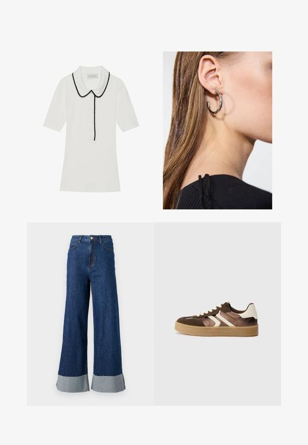 Hvid ribbet kortærmet top med sort bølget krave og knaplukning foran. Har et tekstureret stof og en skræddersyet pasform.; Løs pasform denimbukser med en mørkeblå vask, der har en kontrastfarvet lys blå kant og klassisk fem-lomme design.; Brune og creme sneakers med en kombination af ruskind og satin materialer, der har tre diagonale striber og en struktureret gummisål.; Sølv hoop ørestik med en poleret overflade, prydet med små guld accenter og en rund form, båret på øreflippen.