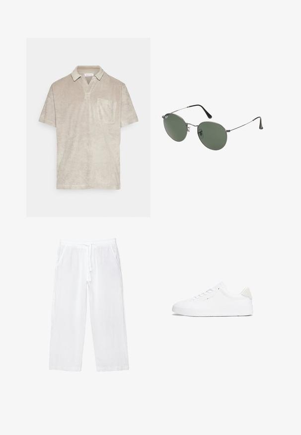 Beżowa polo w krótkim rękawie z miękkiej, teksturowanej tkaniny, z kołnierzykiem i jedną kieszenią na piersi.; Białe lniane spodnie 7/8 z elastycznym pasem, sznurkiem do regulacji i dwoma bocznymi kieszeniami. Gładka faktura i lekka konstrukcja zapewniająca wygodę.; Białe sneakersy z gładkiej skórzanej cholewki, okrągłym noskiem, płaską podeszwą i minimalistycznym designem. Posiadają subtelną markę i beżowy akcent na pięcie.; Okulary przeciwsłoneczne z metalową ramą i owalnymi zielonymi soczewkami. Cienka srebrna metalowa rama i czarne końcówki zauszników. Minimalistyczny design, bez widocznych logo.