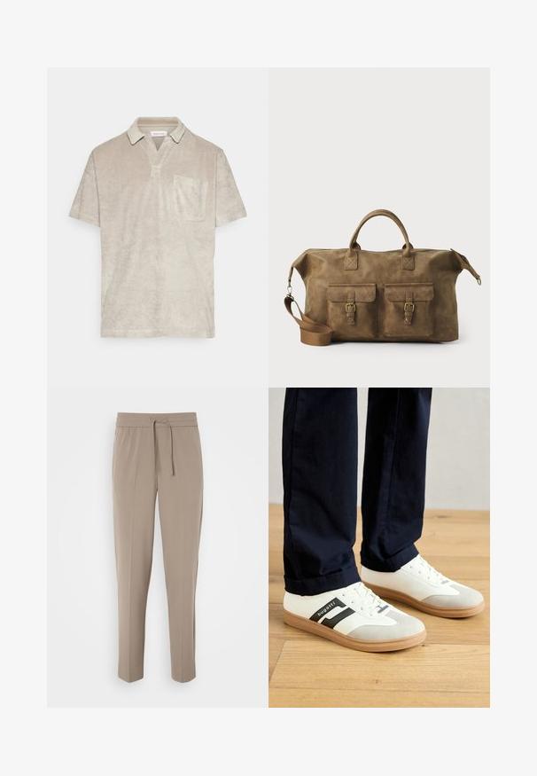 Beige lyhythihainen polo-paita pehmeästä, tekstuurisesta kankaasta, jossa on kauluskäänne ja yksi rintatasku.; Harmaat vaaleat housut, joissa on joustava vyötärö, säädettävä nyöri ja kapeat lahkeet. Kangas näyttää sileältä ja siinä on hienoinen kiilto.; Valkoiset ja harmaat tennarit mustilla raidoilla, valmistettu nahasta, mukana kumipohja ja litteät nauhat. Yhdistettynä tummansinisiin housuihin puulattialla.; Ruskea nahkainen duffel-laukku, jossa on kaksi etutaskua, säädettävä olkahihna, kultaiset yksityiskohdat ja tukevat yläkahvat. Lisääntynyt sileä rakenne.
