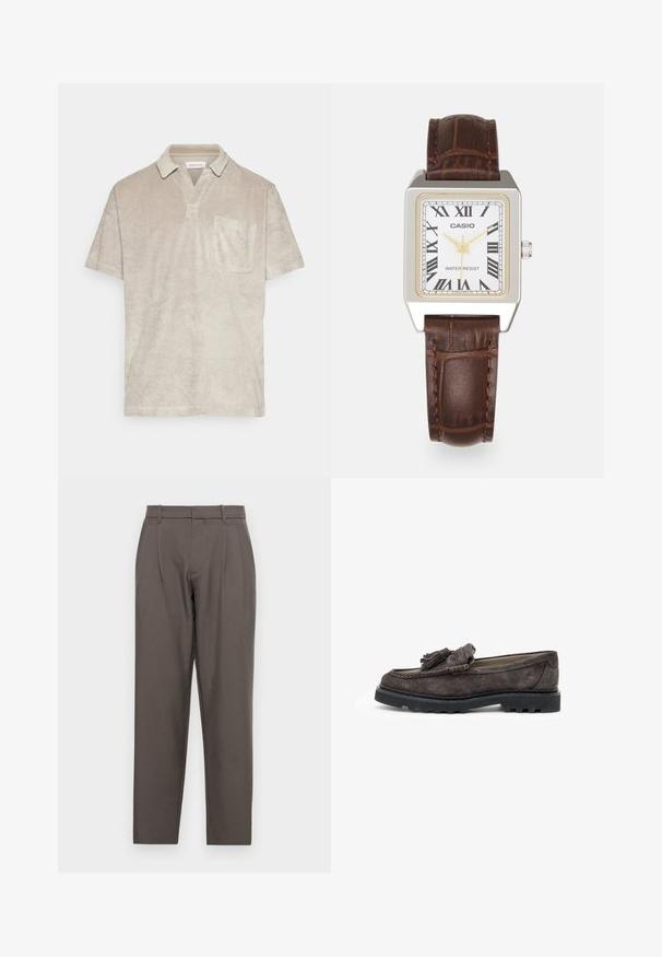 Beige Kurzarm-Polohemd aus weichem, strukturiertem Stoff, mit einem Kragen und einer einzelnen Brusttasche.; Jack & Jones JPSTBILL JJDAYTONA WIDE - Stoffhose - pavement; Dunkelgraue Wildlederslipper mit einem Quastenelement an der Vorderseite, flacher Gummisohle und kontrastierenden Nähten entlang der Kante.; Rechteckige Casio-Uhr mit weißem Zifferblatt, goldenen Akzenten, römischen Ziffern und einem braunen Lederarmband im Krokodil-Muster. Wasserdichtes Design.