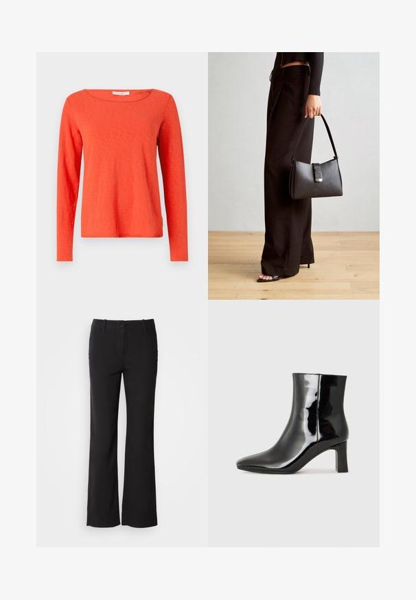 Ilga rankovė viršutinė dalis ryškiai oranžinio medvilnės, su apvalia iškirpte ir tiesiu kirpimu, pasižymi lygiu paviršiumi ir minimaliais akcentais.; Juodi medvilnės mišinio kelnės su tiesiu kirpimu, priekyje su mygtukų užsegimu ir dviem šoninėmis kišenėmis. Lygi tekstūra, be matomų raštų.; Juodos lakuotos odinės aulinukės su smailiu pirštu ir vidutinio aukščio blokuotu kulnu. Lygus paviršius ir minimalistinis dizainas.; Juodas rankinė struktūrizuota forma, lygi tekstūra ir metalinis užsegimas. Suporuota su plačiomis juodomis kelnėmis ir atvirais bateliais ant medinių grindų.