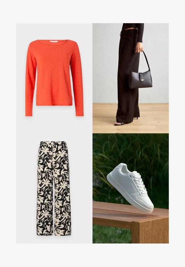 Langärmliges Oberteil aus leuchtend orangefarbenem Baumwollstoff, mit rundem Ausschnitt und geradem Schnitt, glatter Textur und minimaler Ausstattung.; Schwarze weit geschnittene Hose mit einem cremefarbenen Blumenmuster. Hergestellt aus leichtem Stoff, mit einer glatten Textur und einem hohen Bund.; Weiße Sneaker mit einem glatten, synthetischen Obermaterial, perforierter Zehenbox, flachen Schnürsenkeln und einer strukturierten Sohle, präsentiert auf einer Holzoberfläche.; Schwarze Handtasche mit strukturierter Form, glatter Textur und einem metallischen Verschluss. Kombiniert mit weiten schwarzen Hosen und offenen Sandalen auf einem Holzboden.
