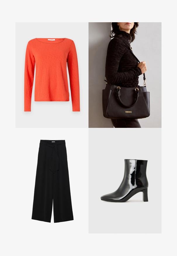 Long-sleeve top in bright orange cotton, features a rounded neckline and a straight cut, with a smooth texture and minimal detailing.; Black wide-leg pants featuring a textured fabric, an elastic waistband, and a detachable sash tie at the waist for adjustable fit.; Black patent leather ankle boot with a pointed toe and a mid-height block heel. Smooth texture and minimalist design.; Black handbag with textured surface, dual top handles, and adjustable shoulder strap. Features gold-tone hardware and side pockets.