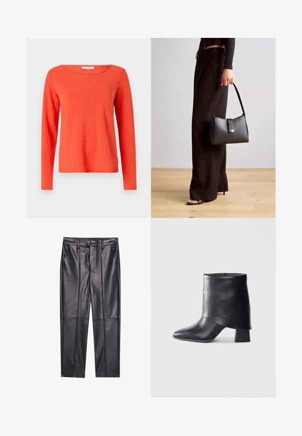 Langetermijnshirt van feloranje katoen, heeft een ronde halslijn en een rechte snit, met een zachte textuur en minimale afwerking.; Zwarte leren broeken met een gladde textuur, voorzien van een rechte pasvorm, twee voorzakken en zichtbare naaddetail.; Zwarte leren enkellaars met een spitse neus, een zachte textuur en een gestructureerde blokhak. Kenmerkt zich door een hoge, gevouwen kraag.; Zwarte handtas met gestructureerde vorm, gladde textuur en een metalen sluiting. Gecombineerd met brede zwarte broeken en sandalen met open teen op een houten vloer.