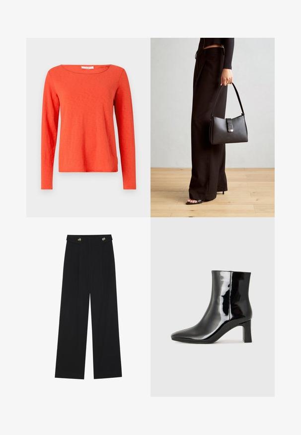 Dlhý rukáv top v jasne oranžovej bavne, s okrúhlym výstrihom a rovný strih, s hladkou textúrou a minimálnym ozdobením.; Čierne široké nohavice s vysokým pásom, so zapínaním na gombíky na páse a prednými sklady.; Čierne lakované členkové topánky s špicatou špičkou a stredne vysokým blokovým podpätkom. Hladká textúra a minimalistický dizajn.; Čierna kabelka so štruktúrovaným tvarom, hladkou textúrou a kovovou sponou. V kombinácii so širokými čiernymi nohavicami a sandálmi s otvorenou špičkou na drevenej podlahe.