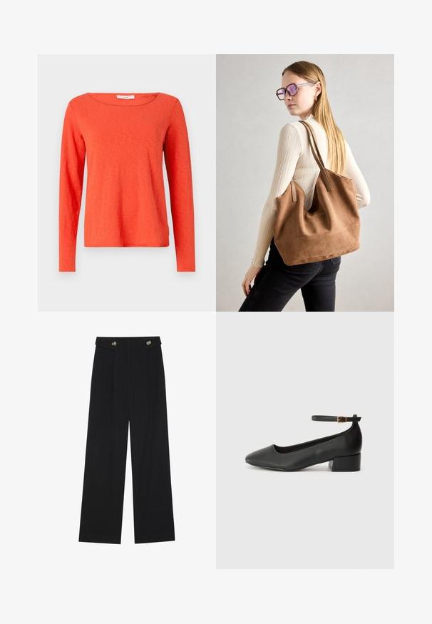 Langærmet top i lyseorange bomuld, har en rund halsudskæring og en lige pasform, med en glat tekstur og minimal dekoration.; Sorte vide bukser med høj talje, knapdetaljer på taljebåndet og frontfald.; Sorte læderpumper med spids tå og en lav blokhæl. Har en ankelrem med en guldfarvet spænde. Glat tekstur.; Brun ruskind tote taske med blød tekstur, stor åbning og lange stropper. Har et enkelt design med synlige syninger og ingen hardware.