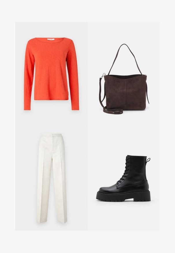 Hosszú ujjú felső élénk narancsszínű pamutból, kerek nyakkivágással és egyenes szabással, sima textúrával és minimális részletezéssel.; Krémszínű nadrág, szabott fazonnal, egyenes szárakkal, sima anyagból, elöl pliszírozott és letisztult szegéllyel. Minimális dizájn.; Fekete bőr bokacsizma, kerek orral, fűzős elülső résszel és vastag, texturált gumitalppal. Húzófül hátul.; Barna velúrbőr táska puha tapintással, egyetlen vállpánttal és finoman ívelt felső nyitással. Nincs látható fémrész.