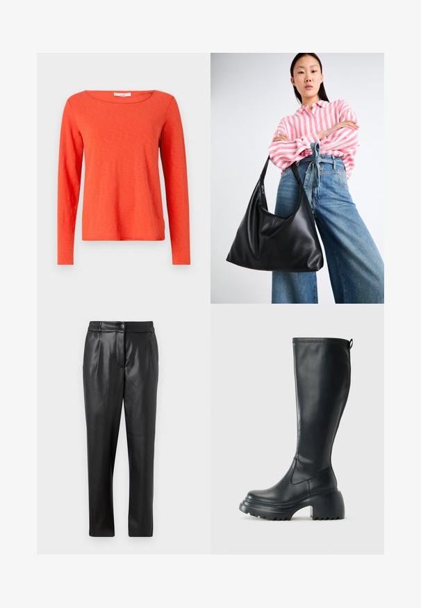 Garšām piedurknēm topots spilgti oranžā kokvilnā, ar apaļu kakla izgriezumu un taisnu piegriezumu, gluda tekstūra un minimālas detaļas.; Melni ādas bikses ar gludu tekstūru, taisnu piegriezumu, elastīgu jostasvietu un priekšējo pogu aizdari; ar krokām un sašaurinātām kājām.; Augstas melnas ādas zābakus ar masīvu platformu un bloka papēdi, ar vilkšanas cilpu un strukturētu profilu uz ārējā zoles.; Melnas ādas plecu soma ar vaļīgu formu un šuvju detaļām. Modelis valkā rozā un baltu svītrainu kreklu ar plaša kāju ziliem džinsiem.