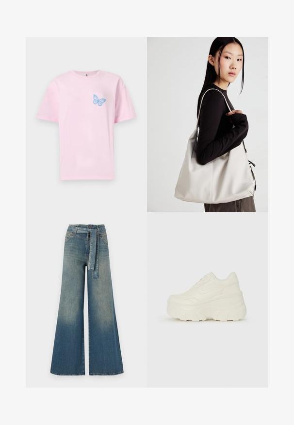Różowa bawełniana koszulka z luźnym krojem, z niebieskim graficznym motylem na lewej stronie klatki piersiowej. Krótkie rękawy i okrągły dekolt.; Szerokie spodnie dżinsowe z gradientem od jasnoniebieskiego do ciemnoniebieskiego, wysokim stanem, szlufkami na pasek oraz pasującym paskiem z tkaniny. Teksturowany wykończenie dżinsu.; Białe sneakersy na platformie z gładkim, skórzano przypominającym wierzchem, zaokrąglonym kształtem, wyściełanym kołnierzem oraz teksturowaną gumową podeszwą z wyraźnym bieżnikiem.; Beżowa torebka wykonana z miękkiego materiału, charakteryzująca się luźnym fasonem, wyszywanymi detalami i dwoma uchwytami na ramię. Idealna na co dzień.