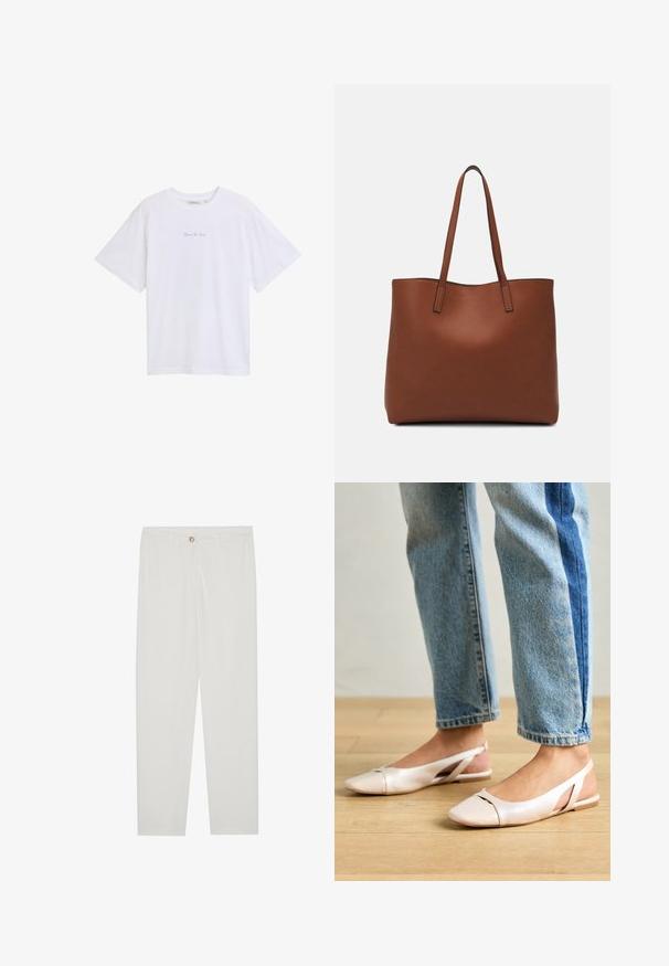 Bílý tričko s krátkým rukávem, kulatým výstřihem a malým modrým potištěným detailem na hrudi. Vyrobeno z jemné, lehké tkaniny.; Bílé kalhoty na míru s rovnými nohavicemi, se zapínáním na knoflík, poutky na opasek a bočními kapsami; hladká struktura látky.; Světle růžové slingback baleríny s špičatou špičkou, vyrobené z hladkého koženému materiálu. Obsahují vystřihovací detaily po stranách a plochý podpatek.; Hnědá kožená taška přes rameno s hladkou texturou, otevřeným designem a dvěma ramenními popruhy. Obsahuje minimální švy a žádné viditelné kovové prvky.