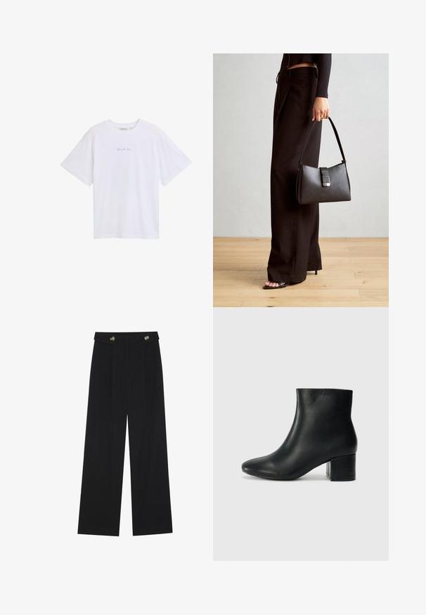Biela tričko s krátkym rukávom s okrúhlym výstrihom a malým modrým potlačeným textom na hrudi. Vyrobené z mäkkého, ľahkého materiálu.; Čierne široké nohavice s vysokým pásom, so zapínaním na gombíky na páse a prednými sklady.; Čierne kožené členkové čižmy s špicatou špičkou a hrubým podpätkom. Hladká textúra s minimálnymi akcentmi a elegantným, priliehavým dizajnom.; Čierna kabelka so štruktúrovaným tvarom, hladkou textúrou a kovovou sponou. V kombinácii so širokými čiernymi nohavicami a sandálmi s otvorenou špičkou na drevenej podlahe.