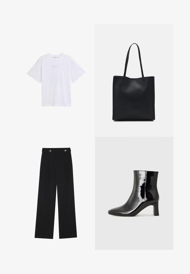 Witte t-shirt met korte mouwen, voorzien van een ronde hals en een klein blauw gedrukt tekstdetail op de borst. Gemaakt van zachte, lichte stof.; Zwarte wijde broek met hoge taille, knoopdetails op de tailleband en plooien aan de voorkant.; Zwarte gepolijste leren enkellaars met een spitse neus en een blokhak van gemiddelde hoogte. Glad textuur en minimalistisch ontwerp.; Zwarte leren handtas met een gladde textuur, rechthoekige vorm en twee lange handvaten. Geen zichtbare hardware of versieringen.
