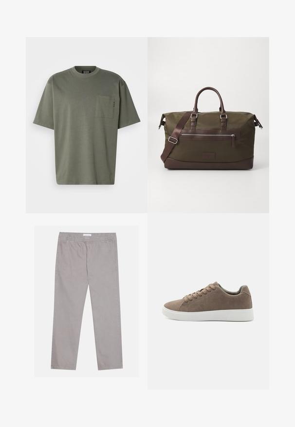 Olive green cotton t-shirt with a round neck, short sleeves, and a chest pocket featuring stitched detailing. Soft texture, casual design.; Light gray cotton pants with an elastic waistband, two side pockets, straight leg design, and a smooth texture. Simple stitching detail.; Brown suede sneakers with flat white rubber soles, lace-up design, rounded toe, and a smooth texture. Minimalist style with subtle stitching details.; Canvas duffel bag in olive green with brown leather accents, featuring dual handles, a detachable shoulder strap, and a front zipper pocket.