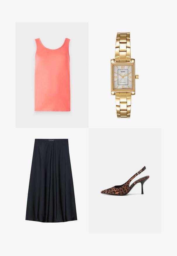 Korálová tielko z hladkej tkaniny, so zaobleným výstrihom, širokými ramienkami a priamej dolnej časti, bez vzorov alebo dekorácií.; Čierna sukňa po kolená vyrobená z ľahkej tkaniny s voľným strihom. Obsahuje hladkú textúru a jemné záhyby pre dodatočný detail.; Lodičky s leopardím vzorom so sakom s uzavretou špičkou, čiernym lesklým opätkom a nastaviteľným remienkom na členku. Mäkký materiál s textúrovaným povrchom.; Zlatý obdĺžnikový náramkový hodinky s bielym ciferníkom, striebornými indexmi a odolným kovovým náramkom. Obsahuje vodoodolnú funkciu.