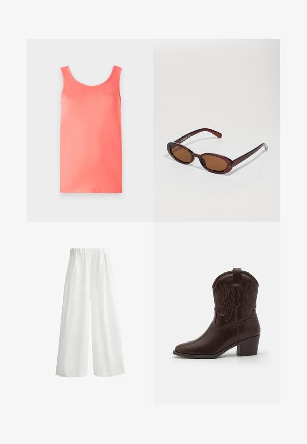Top in corallo realizzato in tessuto morbido, con scollatura rotonda, spalle larghe e orlo dritto, senza fantasie né decorazioni.; Pantaloni bianchi a gamba larga con vita elasticizzata, caratterizzati da pieghe frontali e un tessuto leggero e texturizzato.; Stivali da cowboy in pelle marrone con punta affusolata, motivi a ali in rilievo, tacco a blocco di media altezza e linguetta sul retro.; Occhiali da sole rotondi con tonalità marrone, montatura lucida color bordeaux. Aste sottili con un sottile dettaglio del marchio. Design delle lenti piatte.