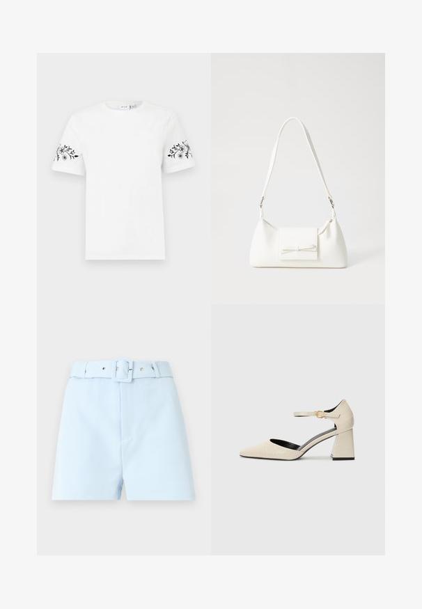 Λευκό βαμβακερό T-shirt με κοντά μανίκια, διακοσμημένο με μαύρη κεντημένη λουλουδάτη σχέδιο στους καρπούς και στρογγυλή λαιμόκοψη. Απλός, κλασικός σχεδιασμός.; Ανοιχτό μπλε σορτσάκι με ζωνάκι, που διαθέτει τετράγωνη αγκράφα και μεταλλικά αξεσουάρ. Λείο ύφασμα, κομψή γραμμή και πτυχώσεις μπροστά.; Μπεζ συνθετικές δερμάτινες παπούτσια με τακούνι block, μυτερή μύτη, λουράκι στον αστράγαλο και διακριτικές λεπτομέρειες υφής κροκοδείλου. Μαύρη επένδυση εσωτερικά.; Λευκή συνθετική τσάντα σε τριγωνικό σχήμα, με επίπεδη μπροστινή καπάκι και λεπτομέρεια φιόγκου, ρυθμιζόμενο λουράκι, απαλή υφή και μινιμαλιστικό σχέδιο.