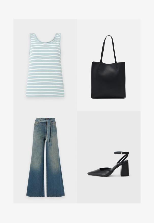 Light blue tank top with white horizontal stripes, made of soft fabric. Features a scoop neckline and sleeveless design.; Wide-leg denim trousers featuring a light to dark blue gradient, high waist, belt loops, and a matching fabric belt. Textured denim finish.; Black leather pointy-toe pump with an ankle strap and a chunky heel. Flat texture, sleek design, and minimalistic aesthetics.; Black leather tote bag with smooth texture, rectangular shape, and two long handles. No visible hardware or embellishments.