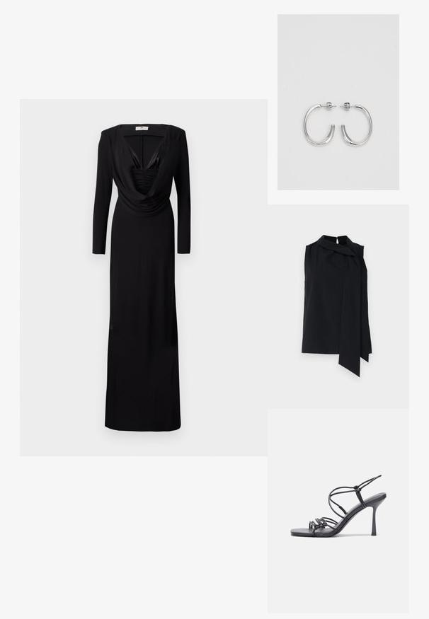 Must musta ilma varrukate ja kõrge kaelusega pluus, millel on ees voolav sõlmepanne. Sile kude, mugav lõige ja külgedel lõhikud hemil.; Mustritpikk kleit, millel on pikad varrukad, kaeluse süvend ja pragunemise detailid rinnaosas. Valmistatud pehmest, venivast kangast, millel on sile tekstuur.; Mustad musta värvi kontsandaalid on varustatud peente rihmadega, millel on sõlmekujundus, siledad ruudukujulised varbad ja stiilne stilettokonts.; Helehall metallik handbags, millel on kett, kaunistatud väikeste ümmarguste metallist õmblustega ja kolmnurkse brändi logoga.; Hõbedased rõngaskõrvarõngad, millel on sile ja läikiv pind. Ümar kuju, kerge disain, millel on post-tagumise kinnituse süsteem.