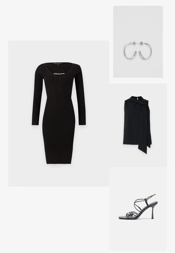 Black sleeveless blouse with a high collar and a front draped tie detail. Smooth fabric with a relaxed fit and side slits at the hem.; Black ribbed dress with long sleeves, v-neckline, and a front zipper detail. Features a fitted silhouette and a knee-length cut.; Black high-heeled sandals feature thin straps with a knotted design, a smooth square toe, and a sleek stiletto heel.; Light gray metallic handbag featuring a chain strap, embellished with small circular metallic studs and a triangular brand logo.; Silver hoop earrings with a smooth, shiny finish. Rounded shape, lightweight design, featuring a post-back closure.