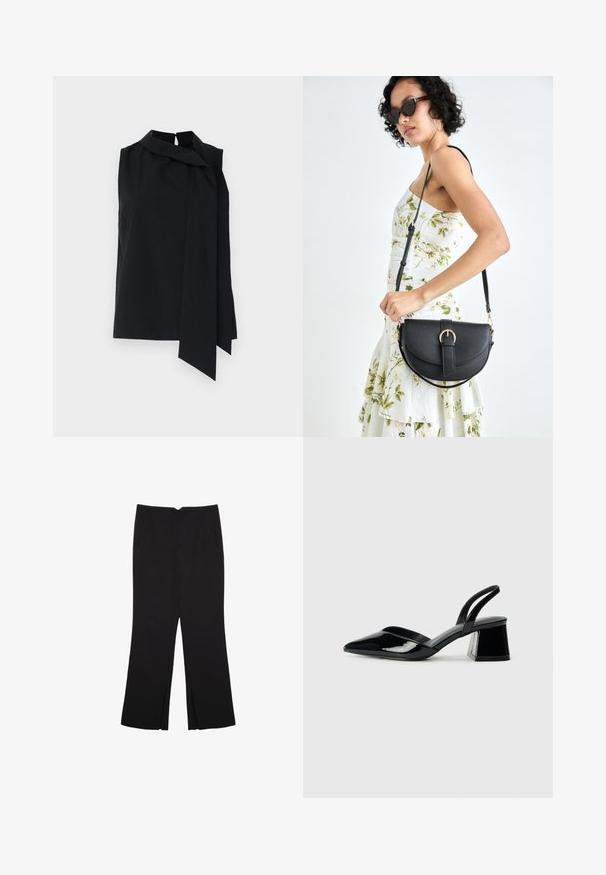 Czarna bezrękawnikowa bluzka z wysokim kołnierzem i ozdobnym wiązaniem z przodu. Gładki materiał, luźny krój i boczne rozcięcia u dołu.; Czarne spodnie o prostym kroju, z przednimi kieszeniami i bocznymi rozcięciami na dole. Wykonane z miękkiego, gładkiego materiału. Odpowiednie na różne okazje.; Czarne lakierowane półbuty na obcasie z wydłużonym noskiem i geometrycznym słupkiem. Charakteryzują się eleganckim, minimalistycznym designem oraz gładką fakturą.; Czarna skórzana torebka o zakrzywionym kształcie, z odpinanym paskiem i złotymi akcentami. Torebka posiada klapę z zapięciem w kształcie klamry.