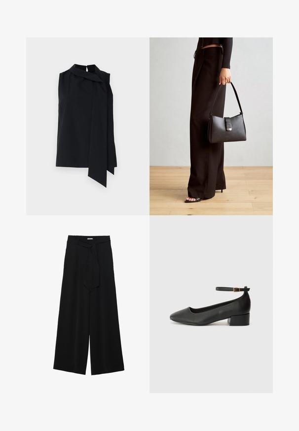 Bluză fără mâneci neagră, cu guler înalt și detaliu cu nod drapat în față. Material neted, cu o croială lejeră și tamburi laterale la tiv.; Pantaloni largi negri dintr-un material texturat, cu un tiv elastic și o panglică detașabilă la talie pentru un fit ajustabil.; Pantof cu toc negru din piele, cu vârf ascuțit și toc mic pătrat. Dispune de o curea la gleznă cu o cataramă în tonuri de aur. Textură netedă.; Genți negre cu o formă structurată, textură netedă și un închizător metalic. Asortată cu pantaloni negri largi și sandale cu vârf deschis pe un podea din lemn.