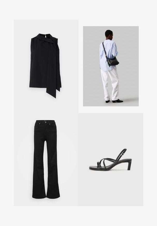 Must musta ilma varrukate ja kõrge kaelusega pluus, millel on ees voolav sõlmepanne. Sile kude, mugav lõige ja külgedel lõhikud hemil.; Mustad laiad teksapüksid, valmistatud denimist, kõrge vöökoht, viis taskut ja metallist nööpkinnitus. Sujuv tekstuur väheste detailidega.; Mustast rihmajalatsid ruudukujulise varba ja madala ploki kontsaga. Omab mitmeid õhukesi rihmasid ja reguleeritavat pahkluu rihma. Valmistatud siledast nahast.; Must have mustras alasi nahkpatsi, pehme tekstuuriga, kolmnurkse kujuga ja reguleeritava rihmaga, koos helesinise triibulise särgi ja valgete pükstega.