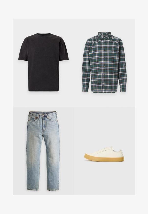 Černé bavlněné tričko s kulatým výstřihem, krátkými rukávy a hladkým povrchem. Má mírně vybledlý vzhled po celé látce.; Zelená flanelová košile s kostkovaným vzorem, která obsahuje modré, bílé a hořčičně žluté pruhy. Zapínání na knoflíky a špičatý límec. Dlouhé rukávy.; Svetle modré džíny z denimu s vysokým pasem, předním knoflíkem, zipem a designem s pěti kapsami, ležící rovně na neutrálním pozadí.; Plátěné tenisky v krémové barvě s kulatou špičkou, s béžovými gumovými podešvami a pěti očky na tkaničky, texturovaný povrch horní části.