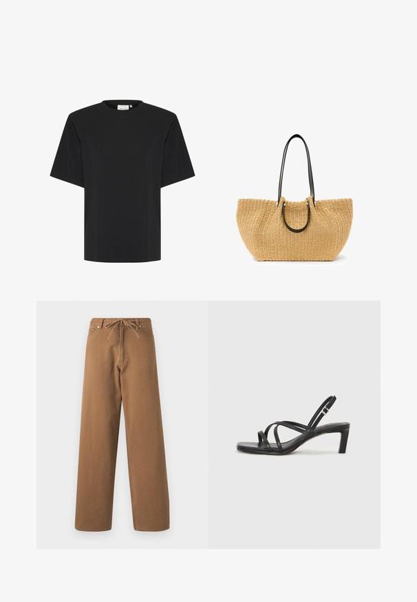 T-shirt preta de manga curta com decote redondo, feita de um tecido suave e liso, apresentando um ajuste descontraído e sem padrões ou detalhes visíveis.; Calças largas castanhas feitas de algodão, com uma cintura ajustável por cordão e dois bolsos frontais. Tecido texturizado com um acabamento suave.; Sandal de tiras pretas com biqueira quadrada e um pequeno salto bloco. Apresenta várias tiras finas e uma tira no tornozelo ajustável. Feito de couro liso.; Bolsa de palha trançada em bege, com alças de couro pretas e ferragens prateadas. Formato espaçoso e curvado com superfície texturizada.