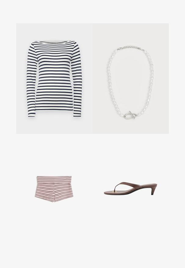 Langærmet stribet top i navyblå og hvid, med rund halsudskæring og en tætsiddende pasform. Glat stof med vandrette striber.; Stribede shorts med højt talje-design, der har lodrette linjer i pink, hvid og mørke nuancer; lavet af et blødt, strækbart stof.; Brune hælflip-flop sandal med en slank rem og rund tåpost, der har et lille guldaccent på fodsengen.; Hvid perlekæde med varierede former og størrelser, med en sølv toggle-lukning. Glat tekstur med skinnende finish.