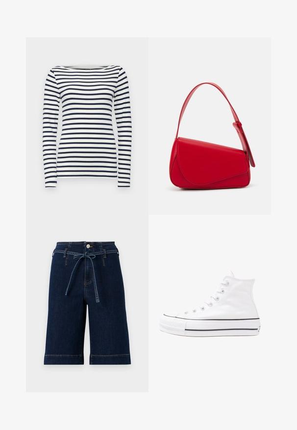 Długi rękaw, pasiasty top w granatowo-białe paski, z okrągłym dekoltem i dopasowanym krojem. Gładki materiał z poziomymi paskami.; Granatowe dżinsowe bermudy z elastycznym paskiem ze sznurkiem, z standardowymi szlufkami na pasek i widocznymi detalami przeszycia.; Białe wysokie trampki z płótna z czarną gumową podeszwą, przednim czubkiem z gumy i sześcioma dziurkami na sznurowadła, charakteryzujące się prostym, minimalistycznym designem.; Czerwona skórzana torebka o kanciastym, geometrycznym designie. Posiada jedną regulowaną rączkę oraz zapięcie na klapę z przeszyciami.