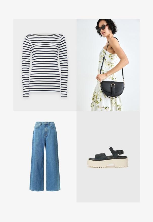 Tumesinine ja valge triibuline pikkade varrukatega topp, millel on ümar kaelus ja kehaümberkujundav disain. Sile kangas horisontaalsete triipudega.; Laia jalgadega teksad helesinisest denimist, kõrge vöökohaga, kahe esipocketiga, vöölingiga ja kergelt tekstuuriga mustriga.; Mustad musta sametist platvormsandaalid, millel on paks valge tald, lai esirihm ja reguleeritav pahkluu nööpe. Tekstureeritud tallad haardevad.; Mustmust mustraha kõverate joontega, eemaldatava rihmaga ja kuldsete detailidega. Kotil on klapp, millel on pandladetail.