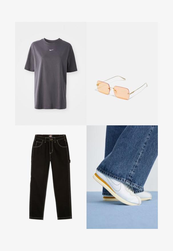 Dark gray short-sleeve t-shirt made of soft cotton, featuring a small white Nike swoosh logo on the chest and a classic crew neckline.; Black denim pants with contrast white stitching, five pockets, and a tab on the side. Standard fit, straight leg design.; White leather sneakers with yellow accents, round toe, and textured rubber sole, paired with dark blue denim flared pants.; Gold metal frame sunglasses with rectangular orange-tinted lenses. Distinctive thin arms and subtle textured accents near the hinges.