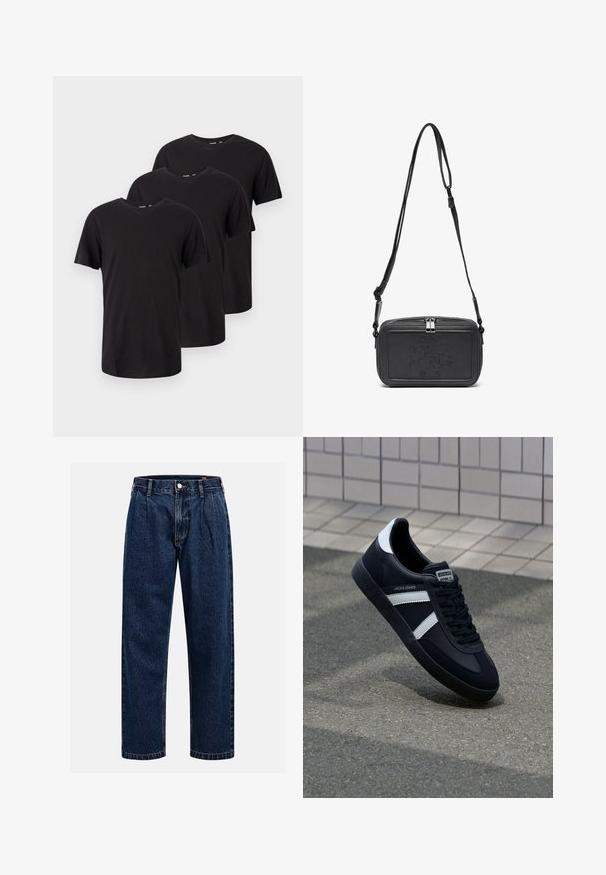 Kolme yksinkertaista mustaa lyhythihaista pyöreäkaulaista t-paitaa, aseteltuna portaittainen päällekkäin valkoista taustaa vasten.; Tummansininen farkkushortsit suoralla lahkeella. Ominaisuuksiin kuuluvat näkyvät saumat, napitus ja etulaskokset lisäyksinä.; Mustat nahkakengät valkoisilla raidoilla, teksturoitu kumipohja ja nauha edessä. Varustettu merkkitarralla kielen päällä.; Musta nahkainen olkalaukku vetoketjulla, etuosassa kohoamalla painettu logo ja säädettävä hihna. Sujuva pinta ja suorakulmainen muoto.