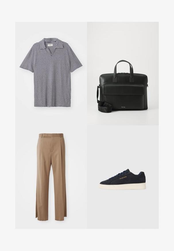 Prugasta polo majica s V-izrezom, s tamnoplave i bijele horizontalne pruge, kratkim rukavima i mekanom, laganom tkaninom.; Svijetlosmeđi krojeni hlače ravnih nogavica, s petljama za remen, prednjim šavom i skrivenim kopčanjem, prikazane ravno na bijeloj pozadini.; Navy plave sačmene niske tenisice s bijelim potplatom, mornarskim vezicama i "Filling Pieces" logotipom u zlatnoj boji sa strane.; Crna kožna aktovka s dvije gornje drške, prednjim džepom i sklopivim remenom, s suptilnim brandingom na dnu.