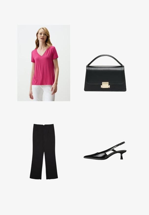 V-neck short-sleeve t-shirt in bright pink fabric, featuring a relaxed fit and smooth texture. Worn with white pants, no visible patterns or accents.; Black trousers with a straight fit, featuring front pockets and side slits at the hem. Made of soft, smooth fabric. Suitable for various occasions.; Black patent leather slingback heels with a pointed toe, cut-out side design, and a small square heel. Smooth texture with minimal accents.; Black leather handbag with a structured design, top handle, and a gold metal clasp detail on the front. Smooth texture, minimal stitching.