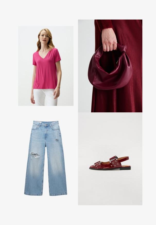 Kurzarmpullover mit V-Ausschnitt aus leuchtend pinkem Stoff, mit lockerem Schnitt und glatter Textur. Kombiniert mit weißen Hosen, ohne sichtbare Muster oder Akzente.; Hellblaue weite Denim-Jeans mit Distressed-Elementen an den Knien und einem Fünf-Taschen-Design. Sauberer, gerader Saum.; Burgunderfarbene Lackleder-Slingbacks mit spitzer Zehe, ausgestattet mit zwei verstellbaren Riemen mit Schnallen und silberfarbenen Akzenten.; Burgunderleder-Handtasche mit einem weichen, gerafften Design und einer gerundeten Form. Der Griff ist gesichert und zeigt eine glatte Textur.; Gold mesh-Armbanduhren mit einem schwarzen runden Zifferblatt, minimalistischen Indizes und einer silbernen Krone; mit einem Logo an der 12-Uhr-Position.