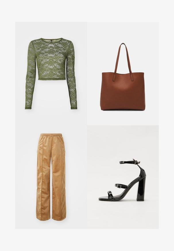 Olivovo zelený dlhý rukáv crop top vyrobený z čipky, s kvetinovými vzormi a okrúhlym výstrihom so pevným lemom. Priehľadná textura po celom obvode.; Béžové široké nohavice vyrobené z mäkkého, zamatového materiálu. Obsahujú elastický pás a vertikálne švy na prednej strane pre dodatočný detail.; Čierne lakované sandále na podpätku so štvorcovou špičkou, navlečenými remienkami okolo členku a striebornými prackami. Disponujú masívnym blokovým podpätkom pre stabilitu.; Hnedá kožená taška na rameno s hladkou textúrou, otvoreným vrchom a dvoma ramenými popruhmi. Má minimálne šitia a žiadne viditeľné kovania.