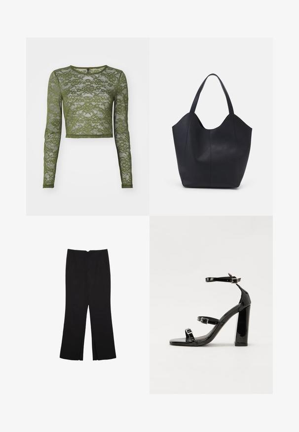 Olivgrünes, langärmeliges, kurz geschnittenes Oberteil aus Spitze, das mit floralem Muster und einem runden Halsausschnitt mit schlichter Einfassung versehen ist. Durchsichtige Textur im gesamten Design.; Schwarze Hose mit geradem Schnitt, ausgestattet mit Fronttaschen und Seitenschlitzen am Saum. Hergestellt aus weichem, glattem Stoff. Geeignet für verschiedene Anlässe.; Schwarze patentierte Sandalen mit Absatz, quadratischer Spitze, Knöchelriemen und silbernen Schnallen. Mit einem stabilen Blockabsatz für mehr Stabilität.; Schwarze Tote-Bag aus glattem Leder, mit einem abgerundeten, offenen Oberteil, zwei Schulterträgern und einem minimalistischen Design.