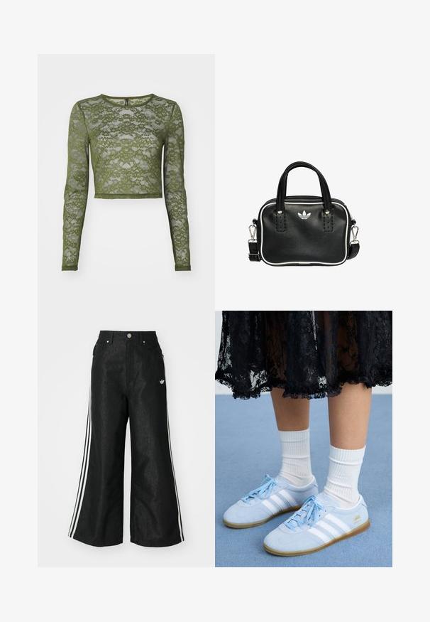 Olive green long-sleeve cropped top made of lace, featuring floral patterns and a round neckline with a solid trim. Sheer texture throughout.; Black wide-leg denim pants with three white stripe accents on each side and a small white logo. Features front pockets and a button closure.; Light blue sneakers with white stripes and white socks, worn with a black lace skirt, on a blue carpeted surface.; Black leather handbag with two short handles, silver hardware, white accents, and a white logo. Features a textured surface and compact design.