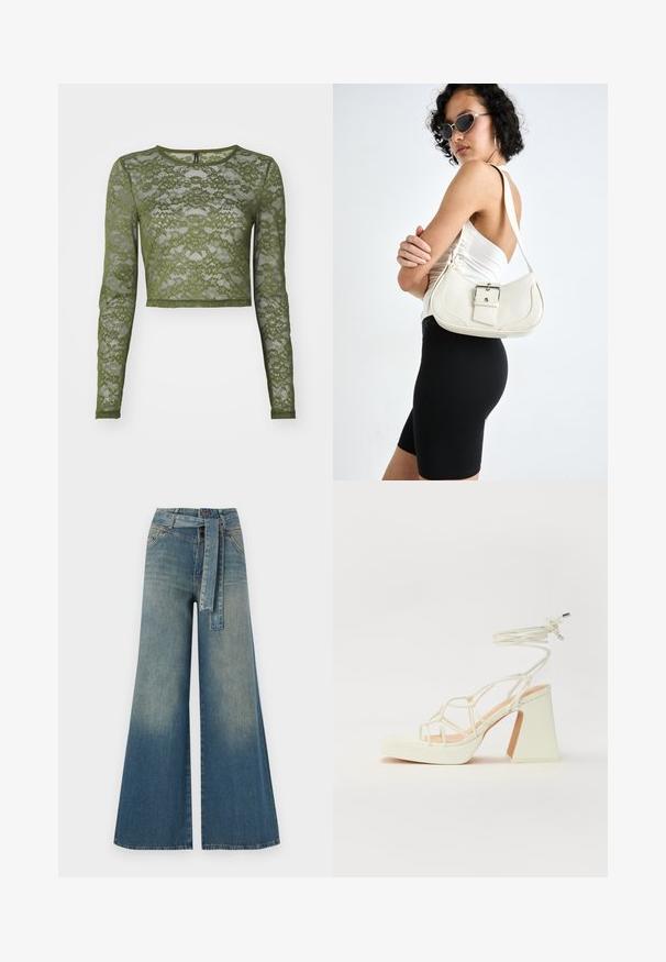 Olivovo zelený dlhý rukáv crop top vyrobený z čipky, s kvetinovými vzormi a okrúhlym výstrihom so pevným lemom. Priehľadná textura po celom obvode.; Džínsy s širokými nohavicami, ktoré majú prechod od svetlomodrej po tmavomodrú, vysoký pás, pútka na opasok a opasok z rovnakého materiálu. Textúrovaný denimový povrch.; Biele sandále na vysokom opätku s hrubým podpätkom, s pruhovaným dizajnom a viazaním na členku. Hladký povrch s platformou vpredu pre zvýšenú výšku.; Biely kožený kabelka s zakriveným tvarom, nastaviteľným popruhom a malým detailom pracky. Model nosí priliehavý čierny outfit.