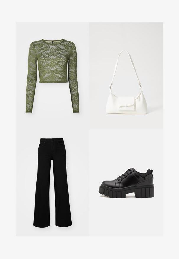 Olivgrünes, langärmeliges, kurz geschnittenes Oberteil aus Spitze, das mit floralem Muster und einem runden Halsausschnitt mit schlichter Einfassung versehen ist. Durchsichtige Textur im gesamten Design.; Schwarze weit geschnittene Hose aus Denim, mit einem strukturierten Bund, Gürtelschlaufen und Fronttaschen. Glatte Textur mit klassischem Design.; Schwarze Lederplateauschuhe mit klobigem Blockabsatz, runder Zehenpartie und traditionellem Schnürdesign. Verfügt über eine glatte Textur und minimale Details.; Weiße synthetische Handtasche in dreieckiger Form, flache Vorderklappe und Schleifendetail, verstellbarer Trageriemen, glatte Textur und minimalistisches Design.